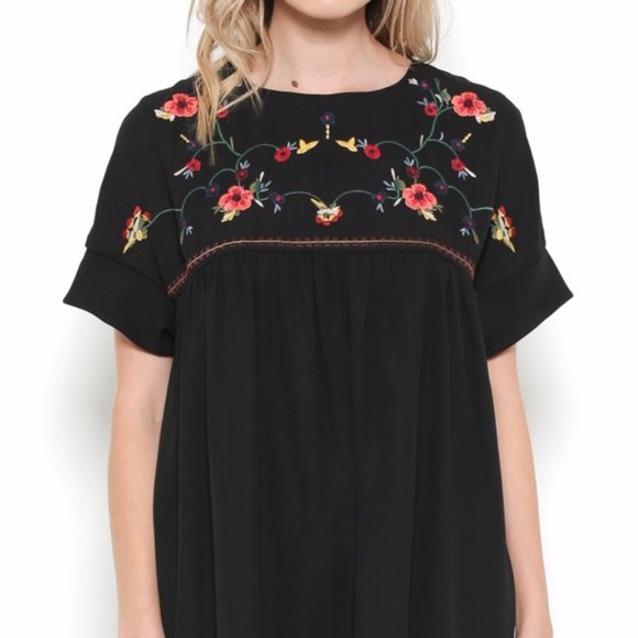 ESLEY Babydoll Dress Floral Embroidery Blue Black - Picture 9 of 9